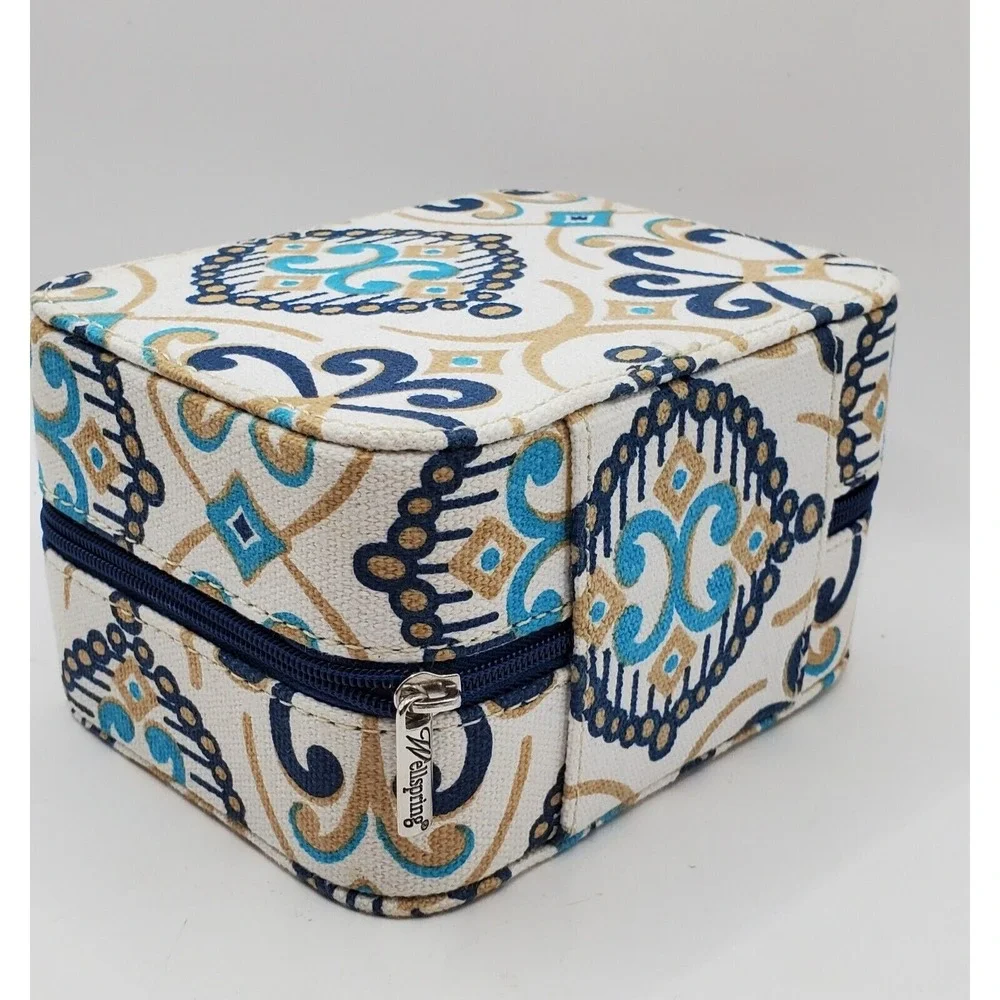 Wellspring Travel Jewelry Case Blue Medallion Damask Zippered‎ Organizer Pouch